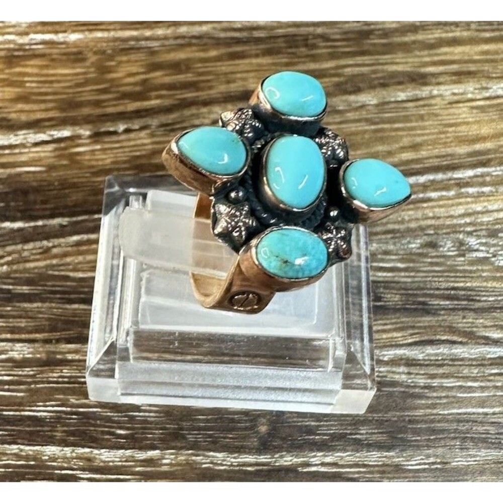 Southwest Copper Kingman Turquoise  MultiStone Cluster Ring 5.5 Adj - Picture 3 of 9